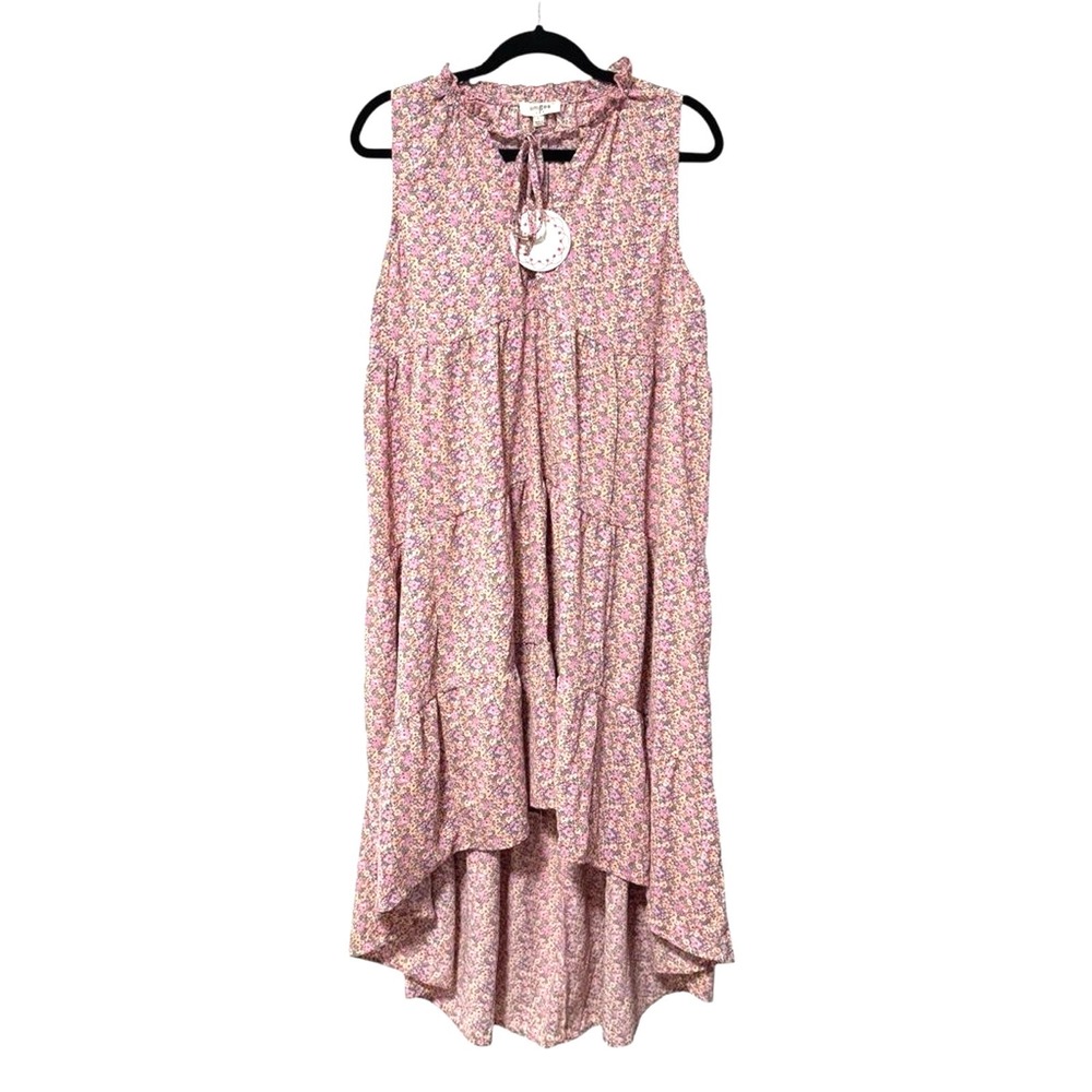 Umgee Womens Pink Floral Tiered High Low Sleeveless Ruffle Tie‎ Neck Dress L NEW